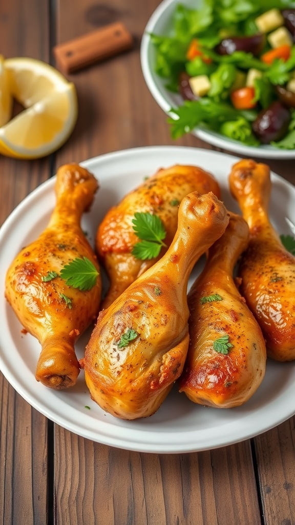 Crispy zaatar chicken drumsticks garnished with parsley on a rustic plate with lemon wedges.